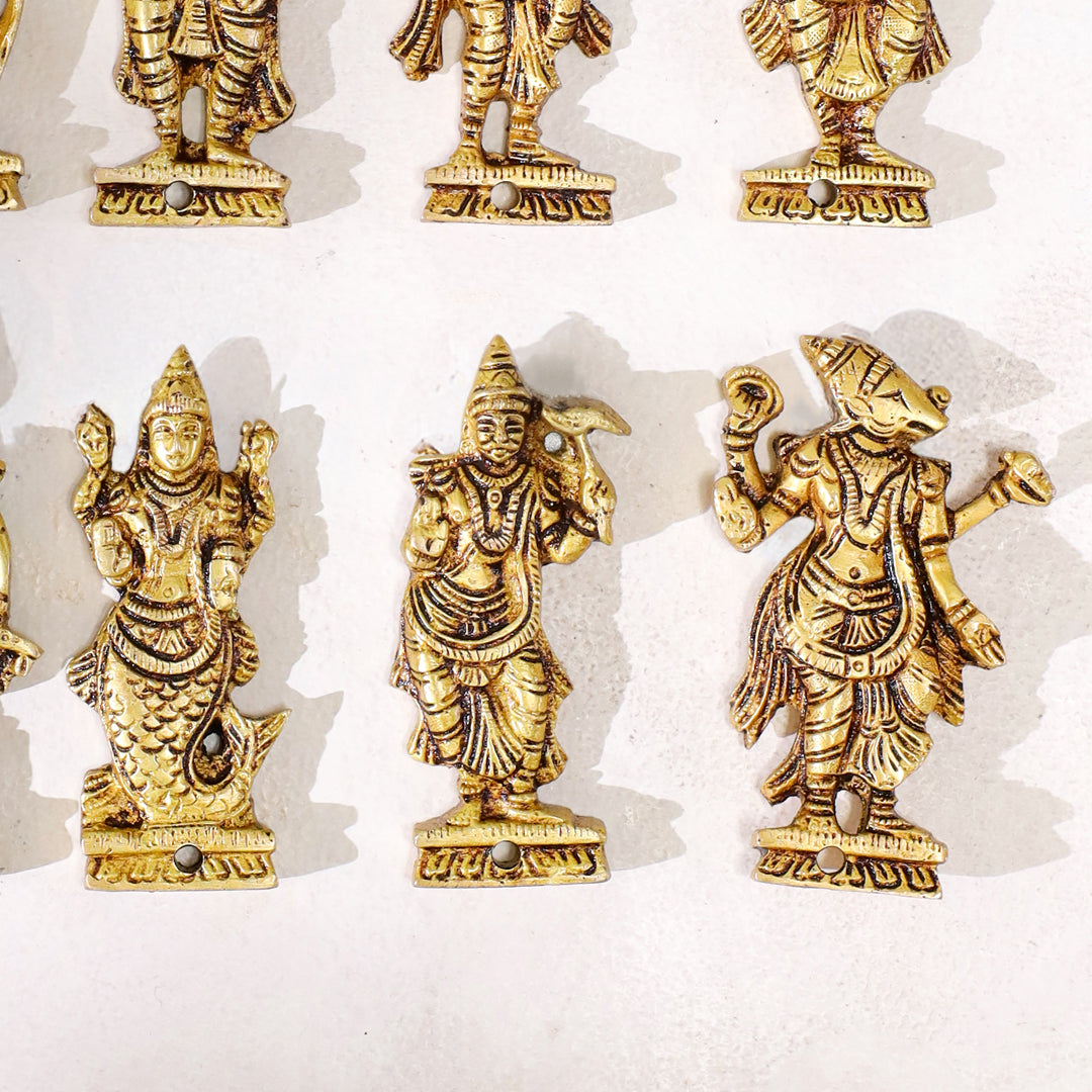 Brass Dashavatara Wall Hanging – Set of 10 Avatars of Lord Vishnu (3.8 Inch)