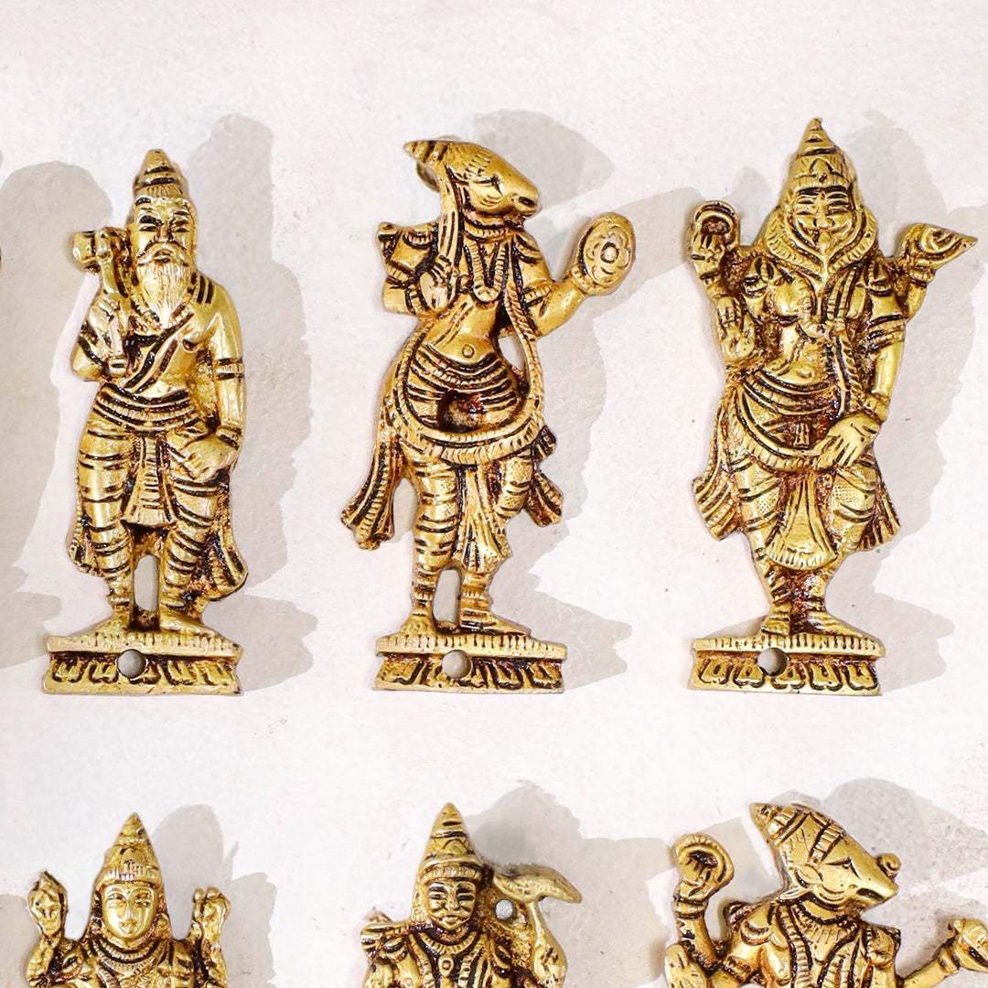 Brass Dashavatara Wall Hanging – Set of 10 Avatars of Lord Vishnu (3.8 Inch)