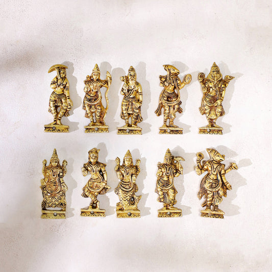 Brass Dashavatara Wall Hanging – Set of 10 Avatars of Lord Vishnu (3.8 Inch)