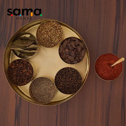 SAMA Homes - handcrafted brass masala box set for kitchen with spoon 7 containers 40 ml 8