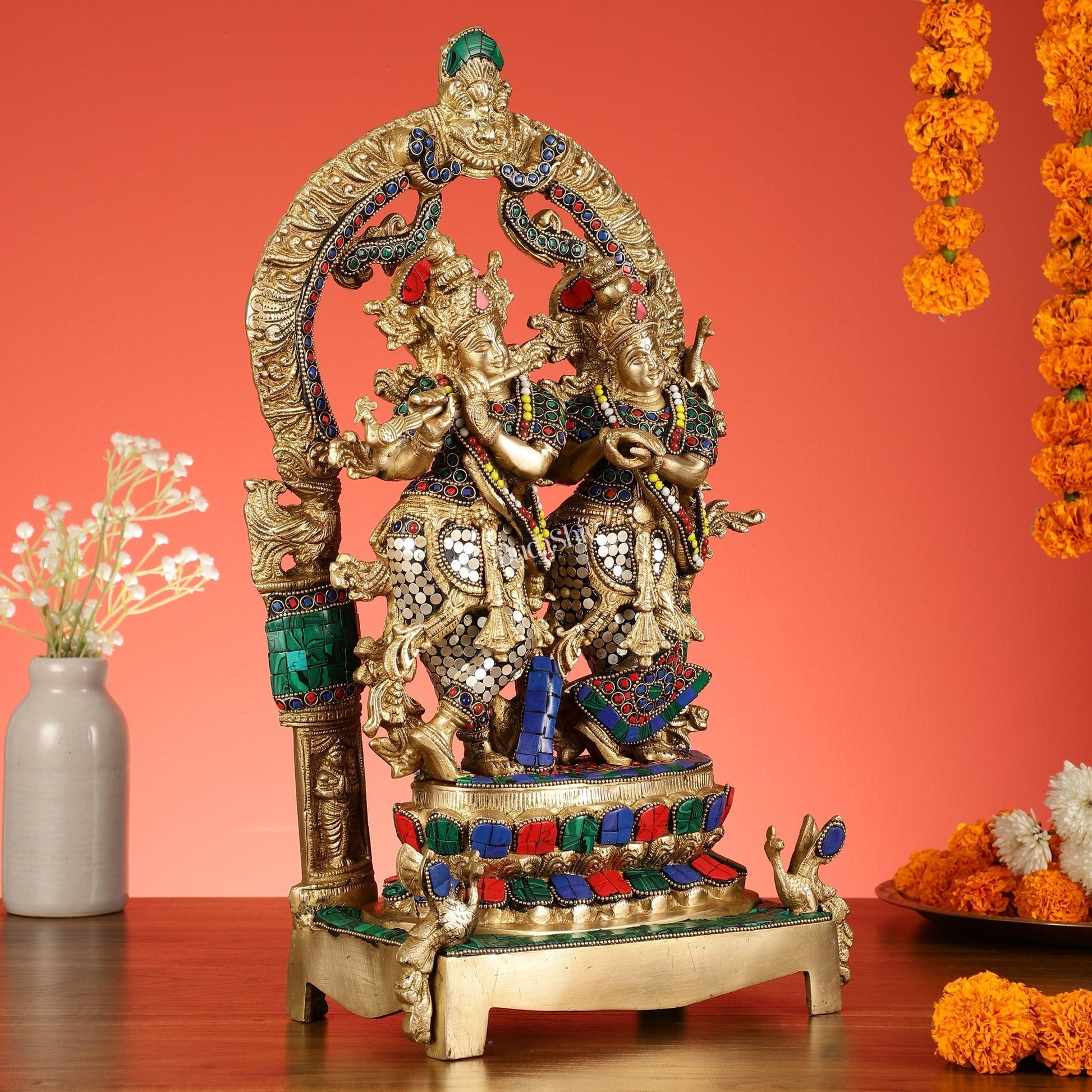 Sama Homes-17 5 inch brass radha krishna idol pair with peacock adorned base