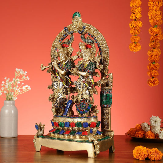 Sama Homes-17 5 inch brass radha krishna idol pair with peacock adorned base