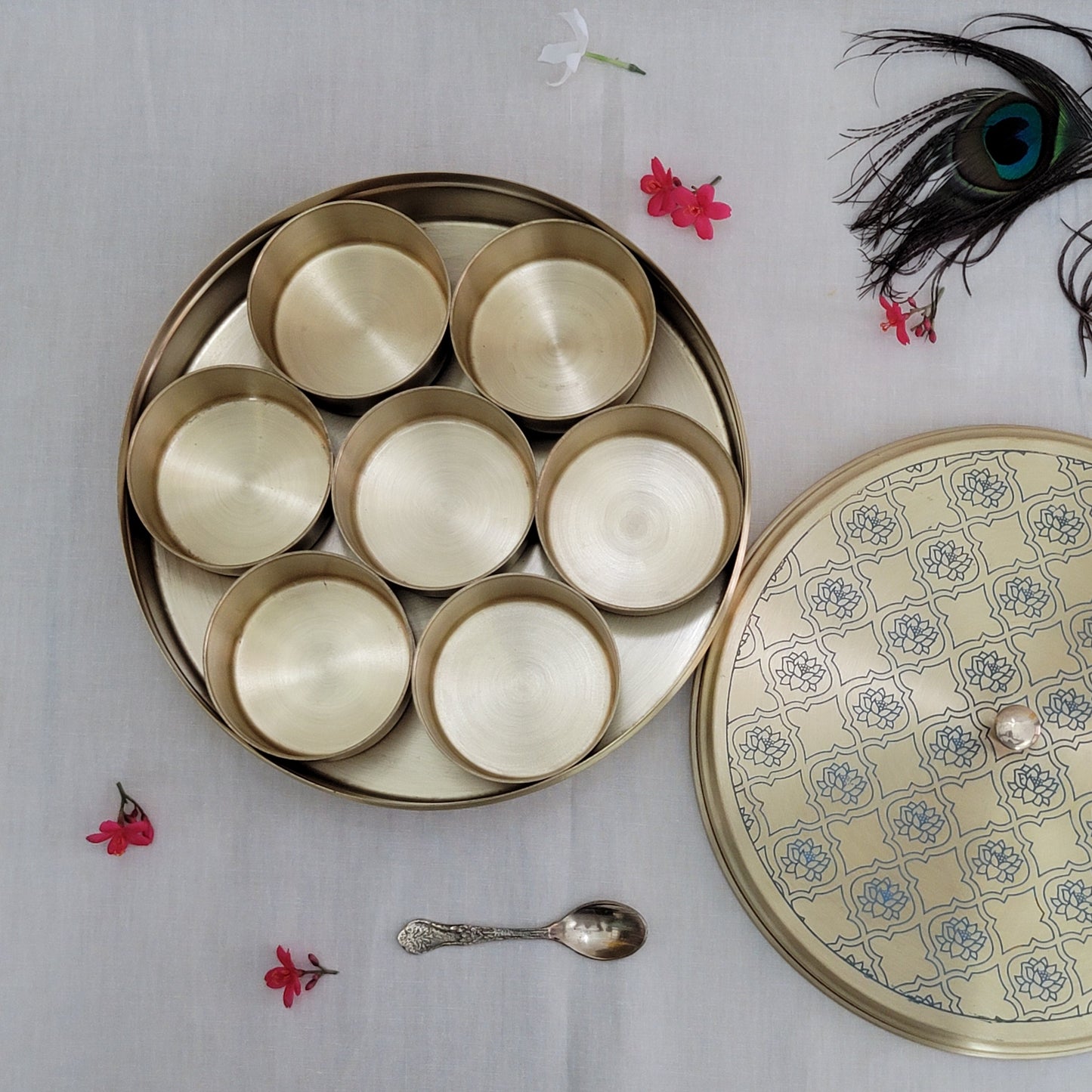 Handcrafted Blue Lotus Design Spice Box | Elegant Etched Brass | 7 Compartments | 7-9 Inches | Kitchen Storage