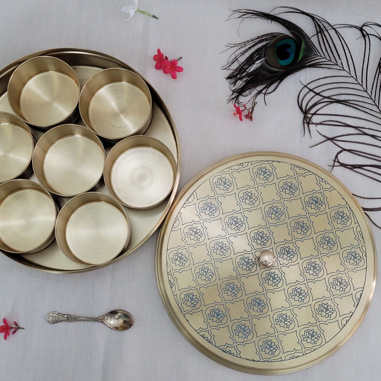 Handcrafted Blue Lotus Design Spice Box | Elegant Etched Brass | 7 Compartments | 7-9 Inches | Kitchen Storage