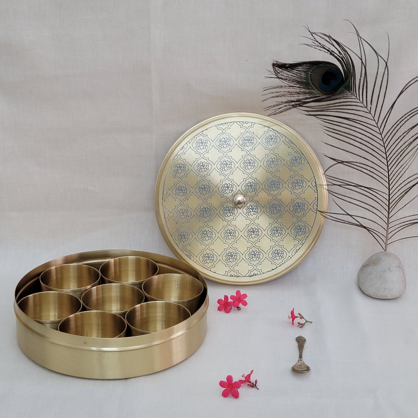 Handcrafted Blue Lotus Design Spice Box | Elegant Etched Brass | 7 Compartments | 7-9 Inches | Kitchen Storage