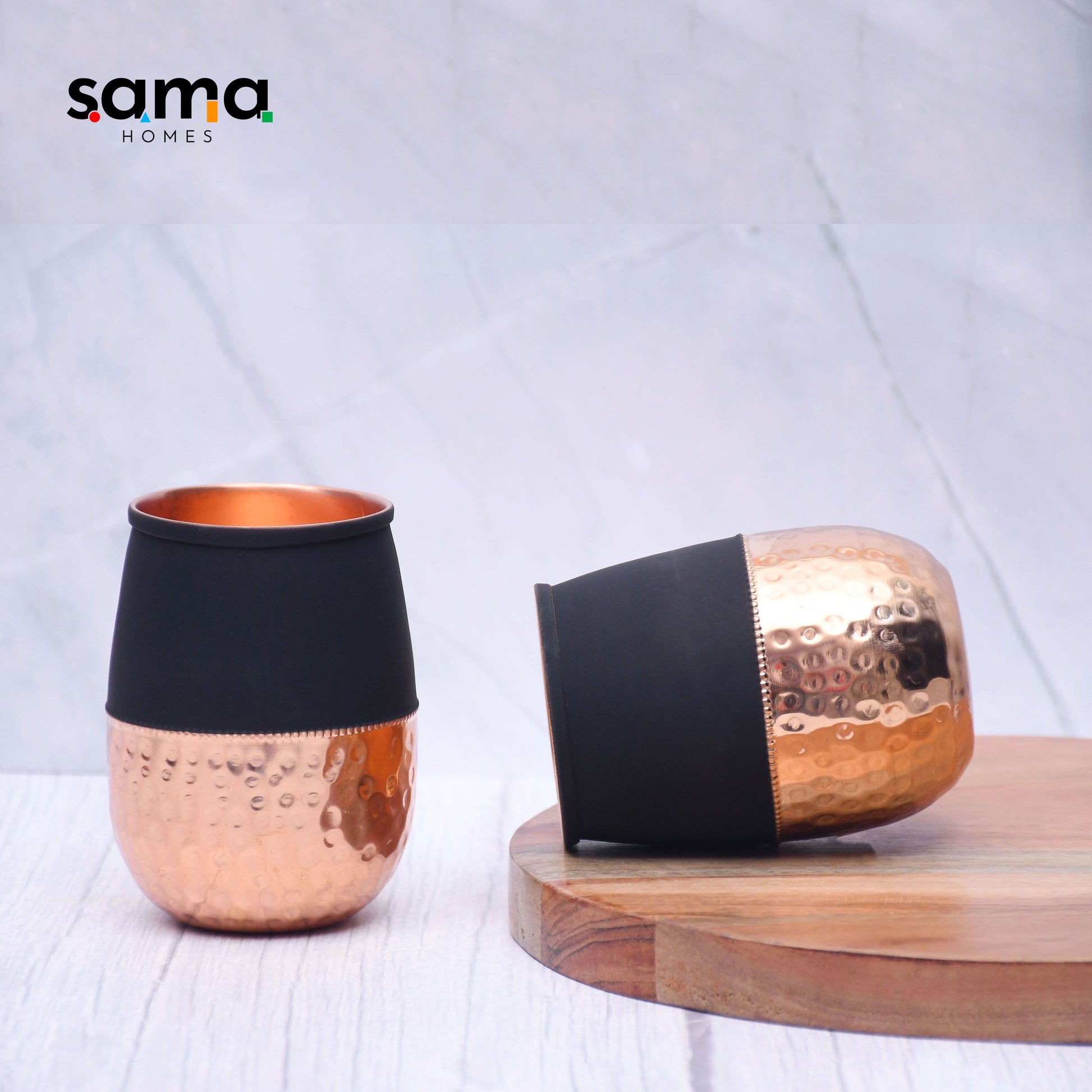 SAMA Homes - pure copper water bottle silk black half hammered with 2 glasses set of 3