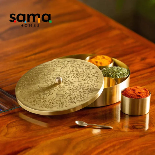 SAMA Homes - handcrafted brass masala box set for kitchen with spoon 7 containers 40 ml 8