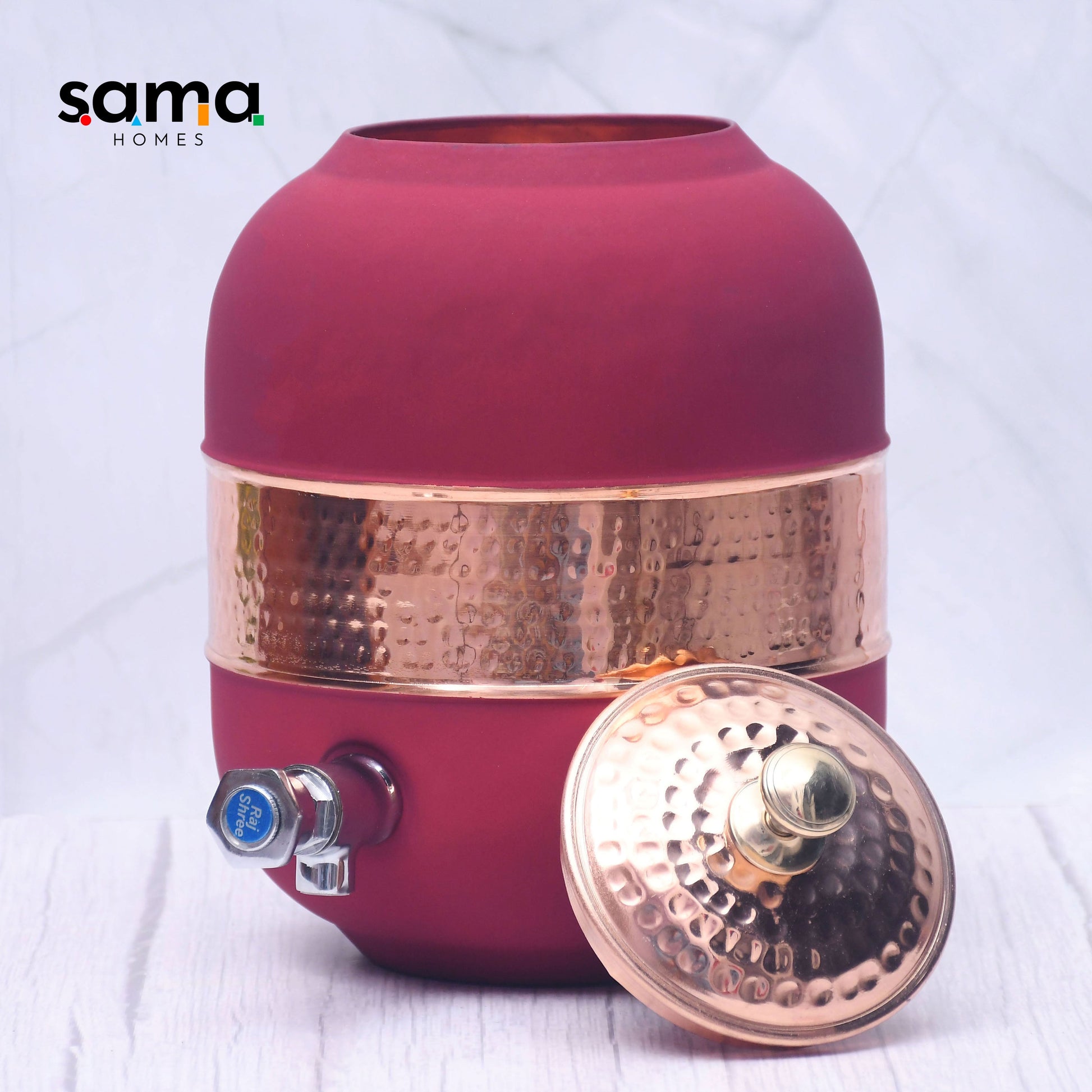 SAMA Homes - pure copper silk red cherry half hammered water dispenser matka capacity 5000ml