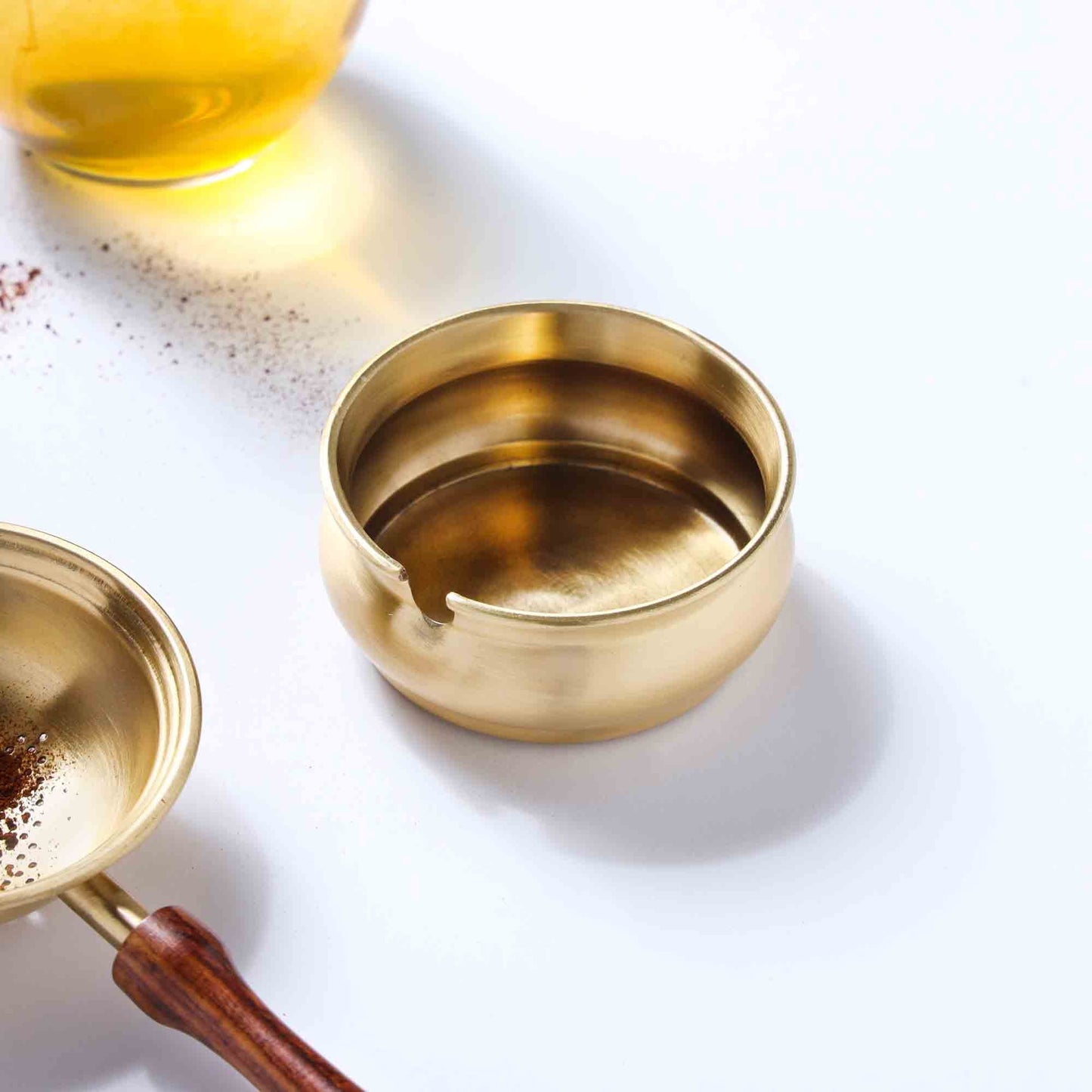 Handmade Brass Leaf Tea Strainer with Bowl – 1.5 Inch | Traditional Indian Tea Filter with Wooden Handle