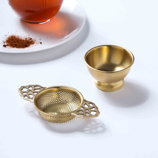 Handmade Brass Double Leaf Tea Strainer with Bowl – 1.5 Inch | Traditional Kitchen Tool