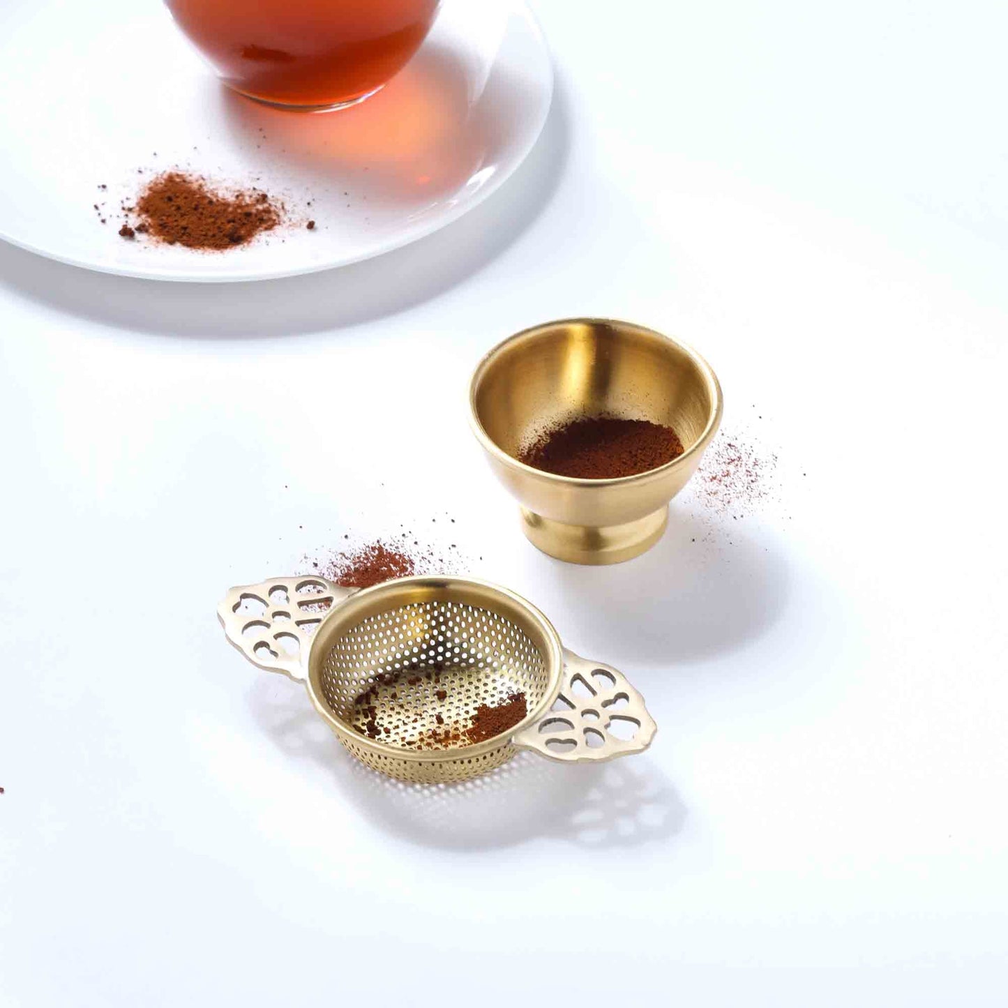 Handmade Brass Double Leaf Tea Strainer with Bowl – 1.5 Inch | Traditional Kitchen Tool