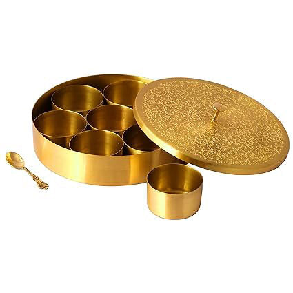 SAMA Homes - handcrafted brass masala box set for kitchen with spoon 7 containers 40 ml 6