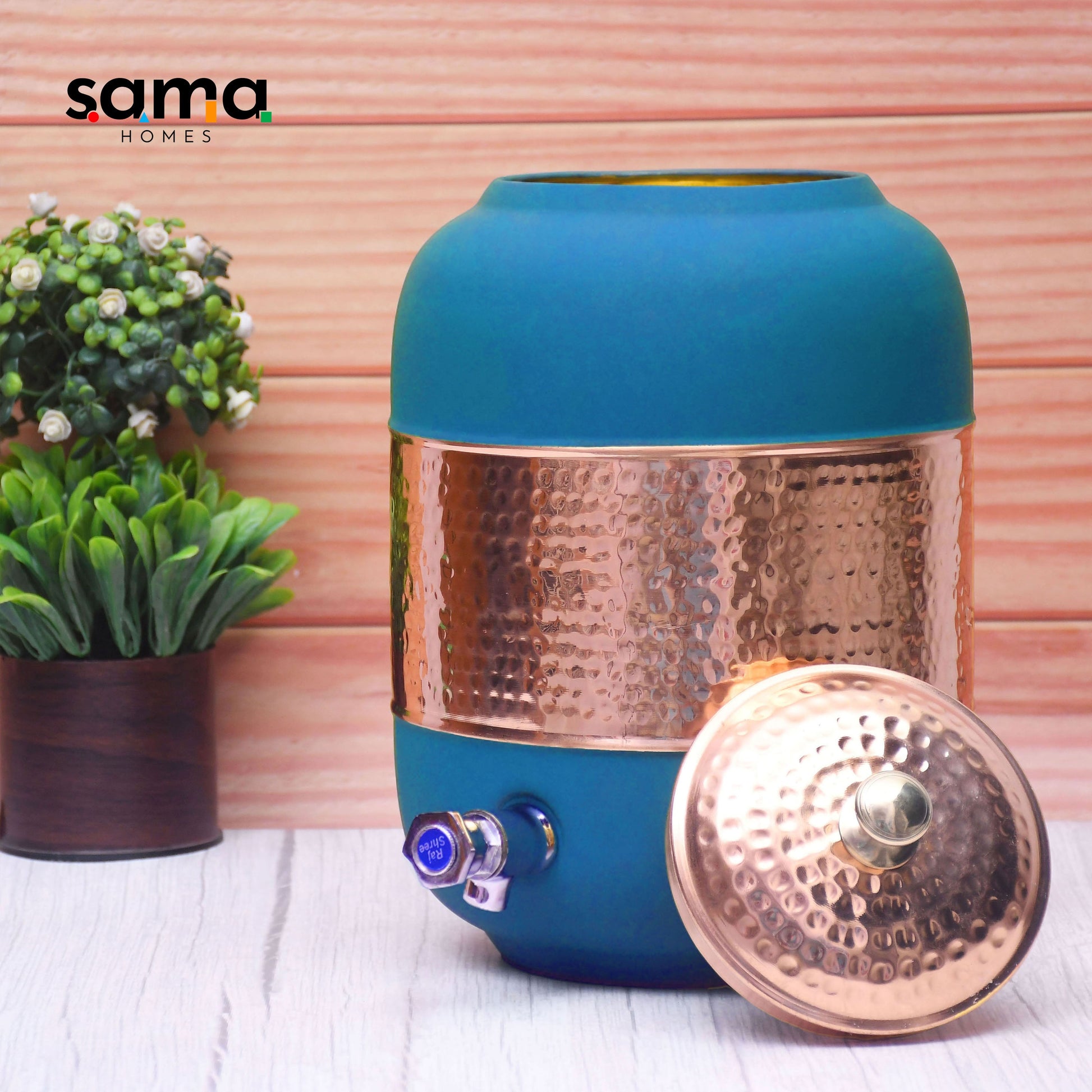 SAMA Homes - pure copper silk blue half hammered water dispenser matka capacity 8000ml