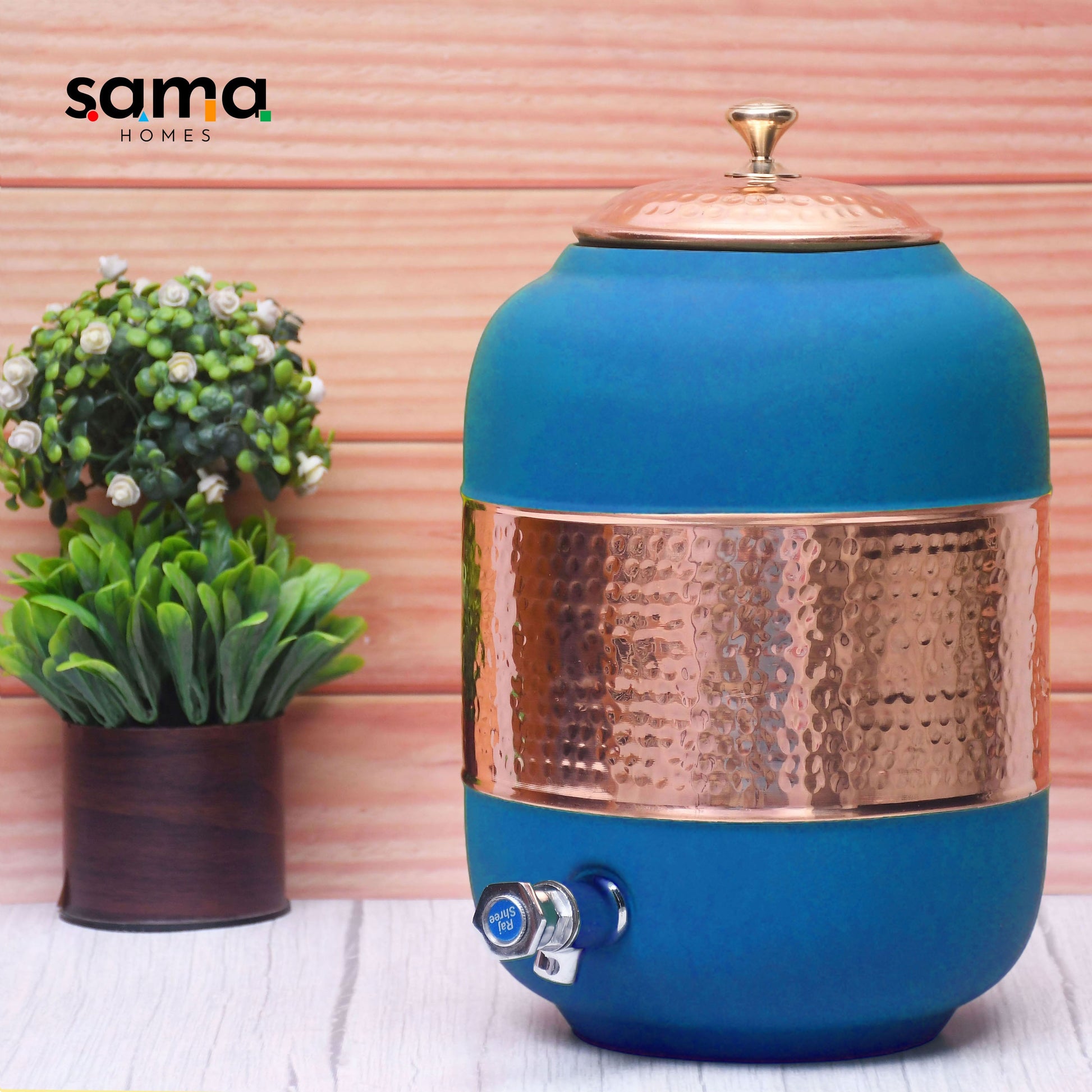 SAMA Homes - pure copper silk blue half hammered water dispenser matka capacity 8000ml