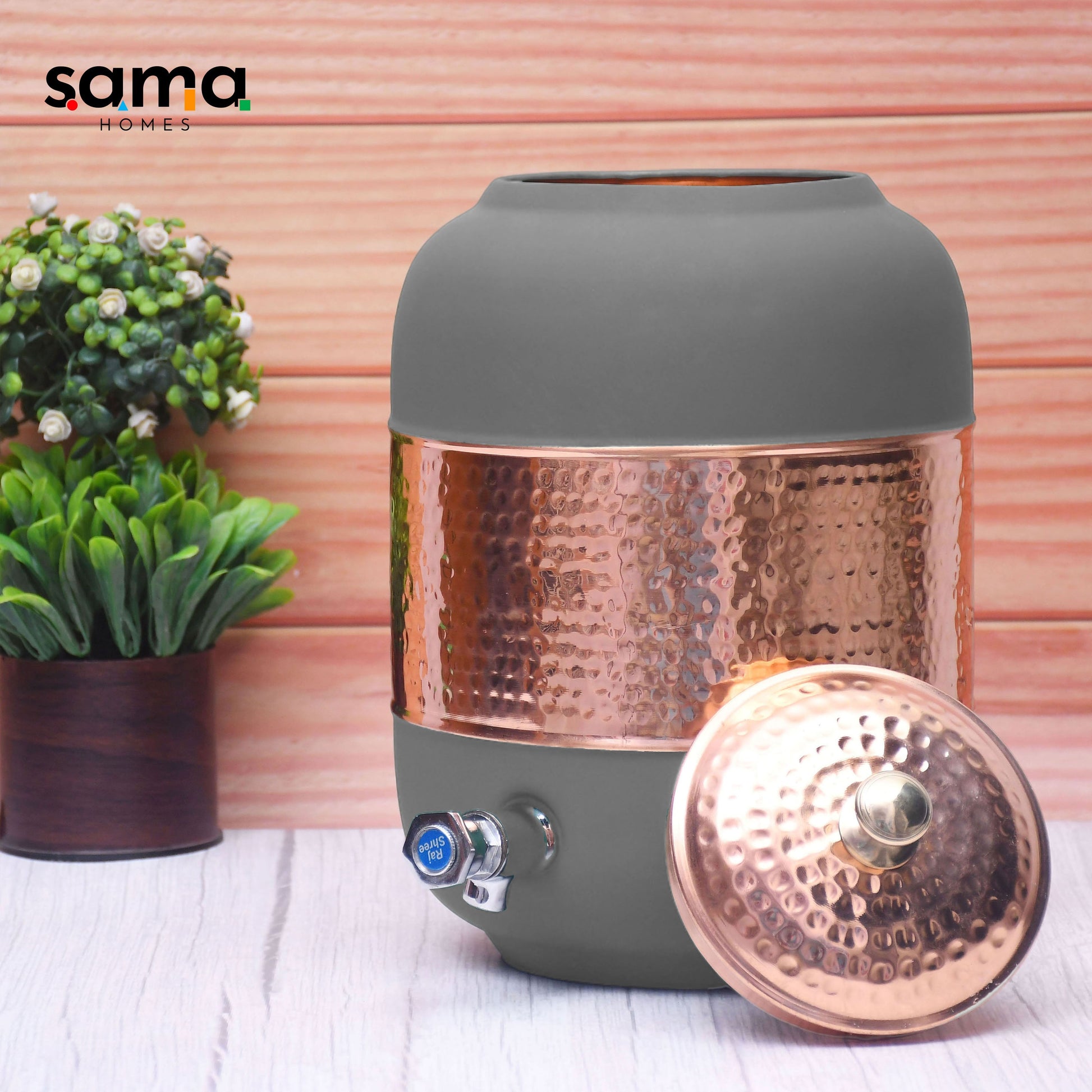 SAMA Homes - pure copper silk grey half hammered water dispenser matka capacity 8000ml