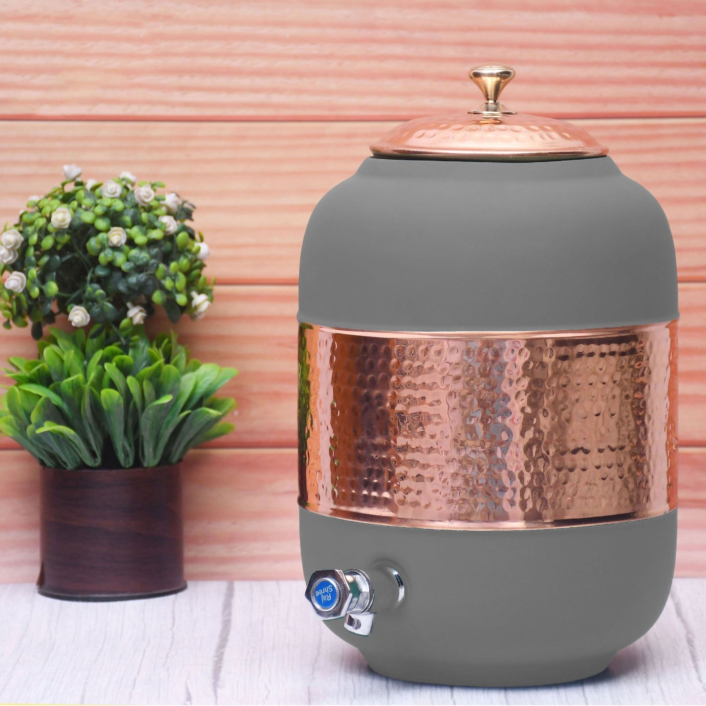 SAMA Homes - pure copper silk grey half hammered water dispenser matka capacity 8000ml