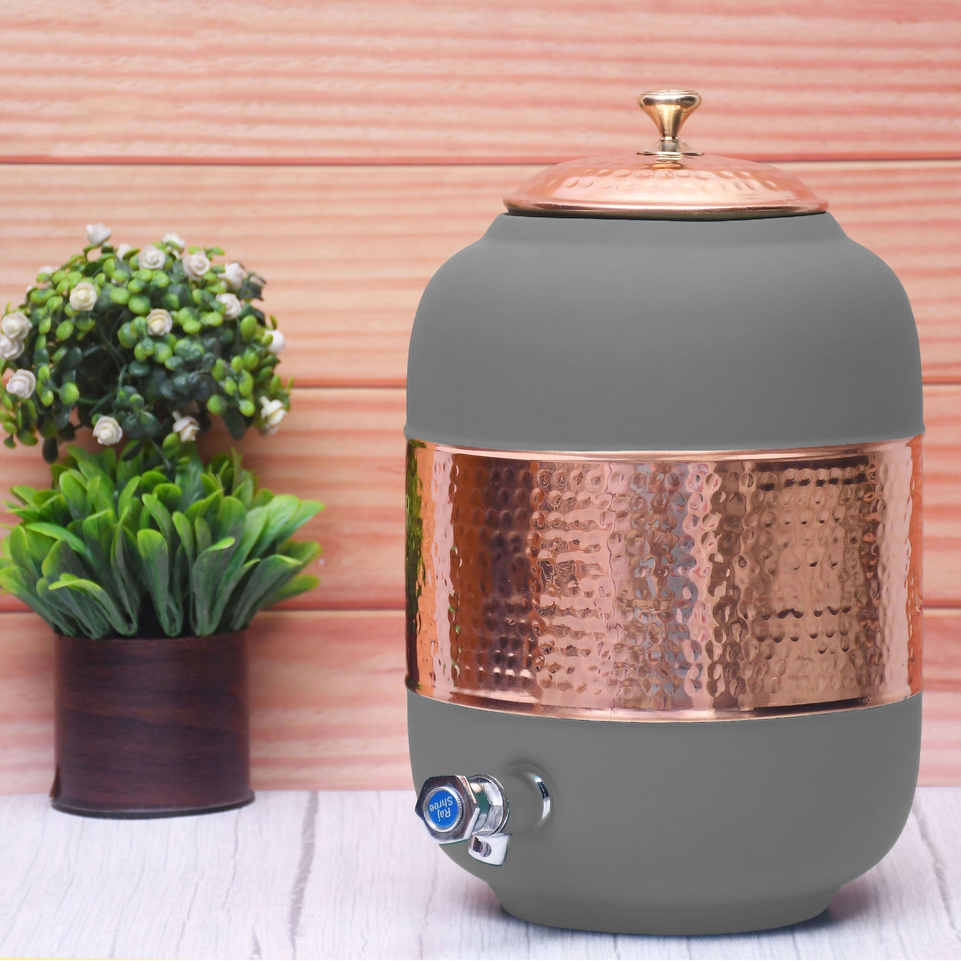 SAMA Homes - pure copper silk grey half hammered water dispenser matka capacity 8000ml