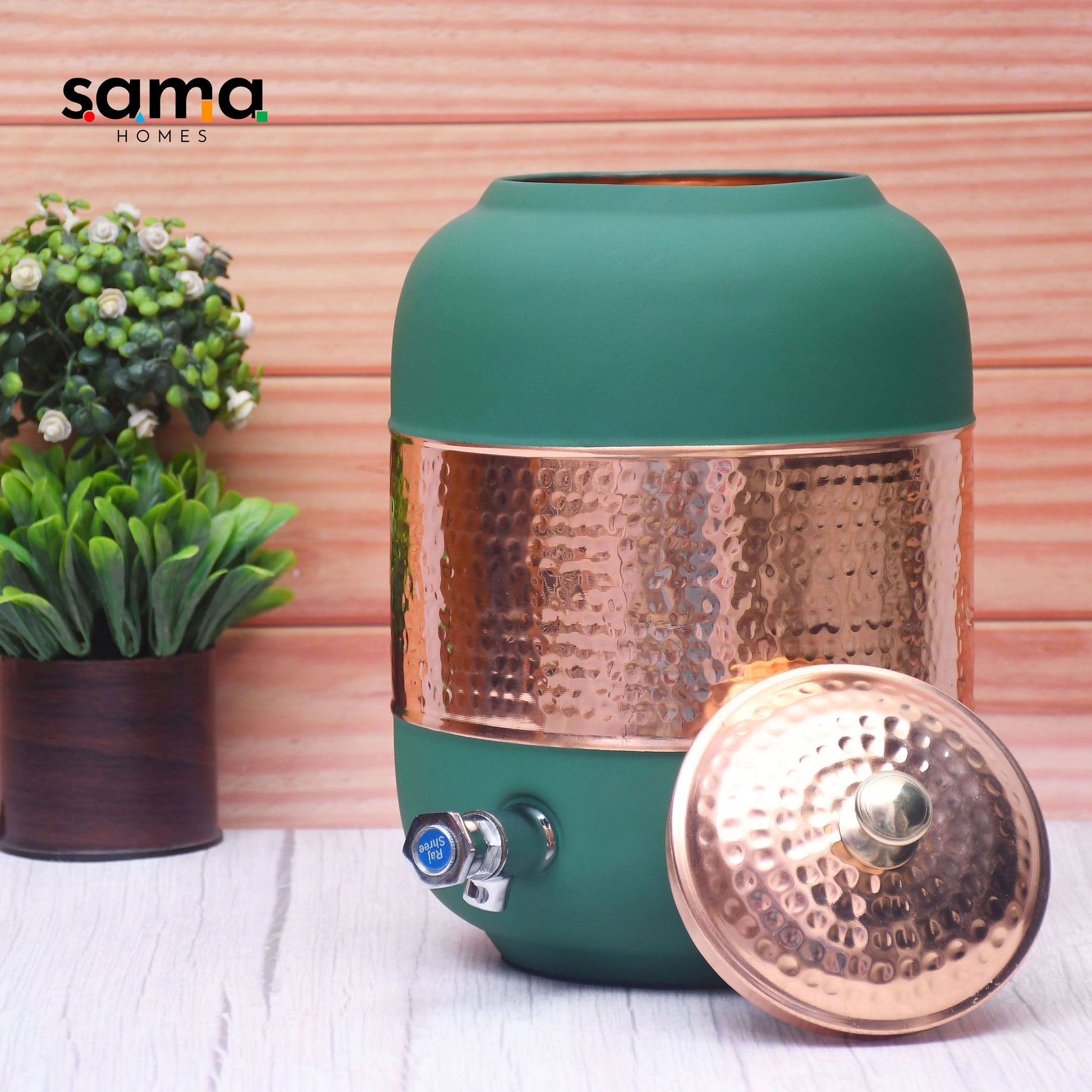 SAMA Homes - pure copper silk green half hammered water dispenser matka capacity 8000ml