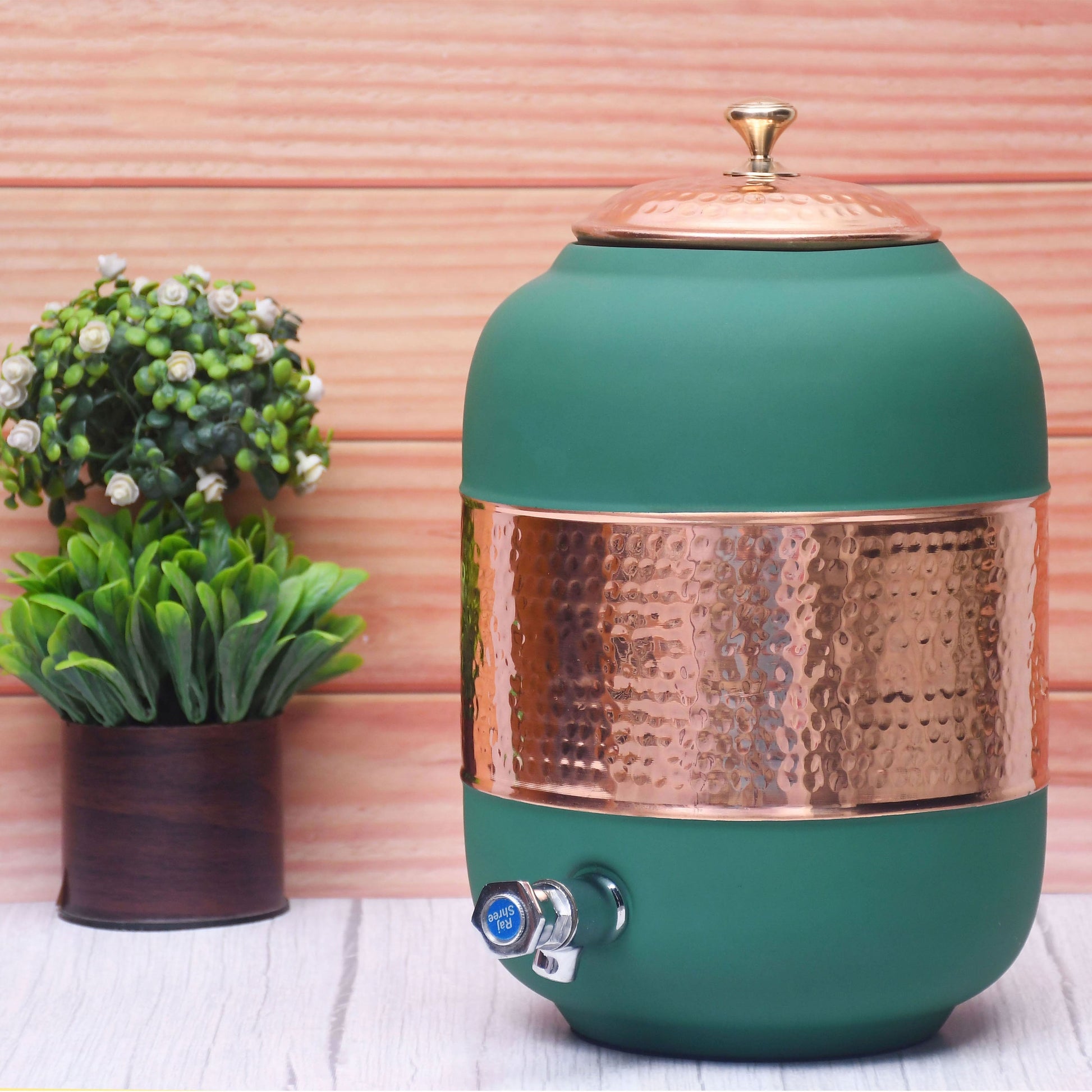 SAMA Homes - pure copper silk green half hammered water dispenser matka capacity 8000ml