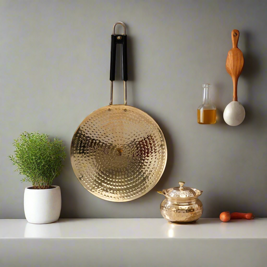 11" Pure Brass Roti/Chapati Tawa with Hammered Finish – Traditional Flatbread Pan | SS Handle | Non-Toxic & Handmade