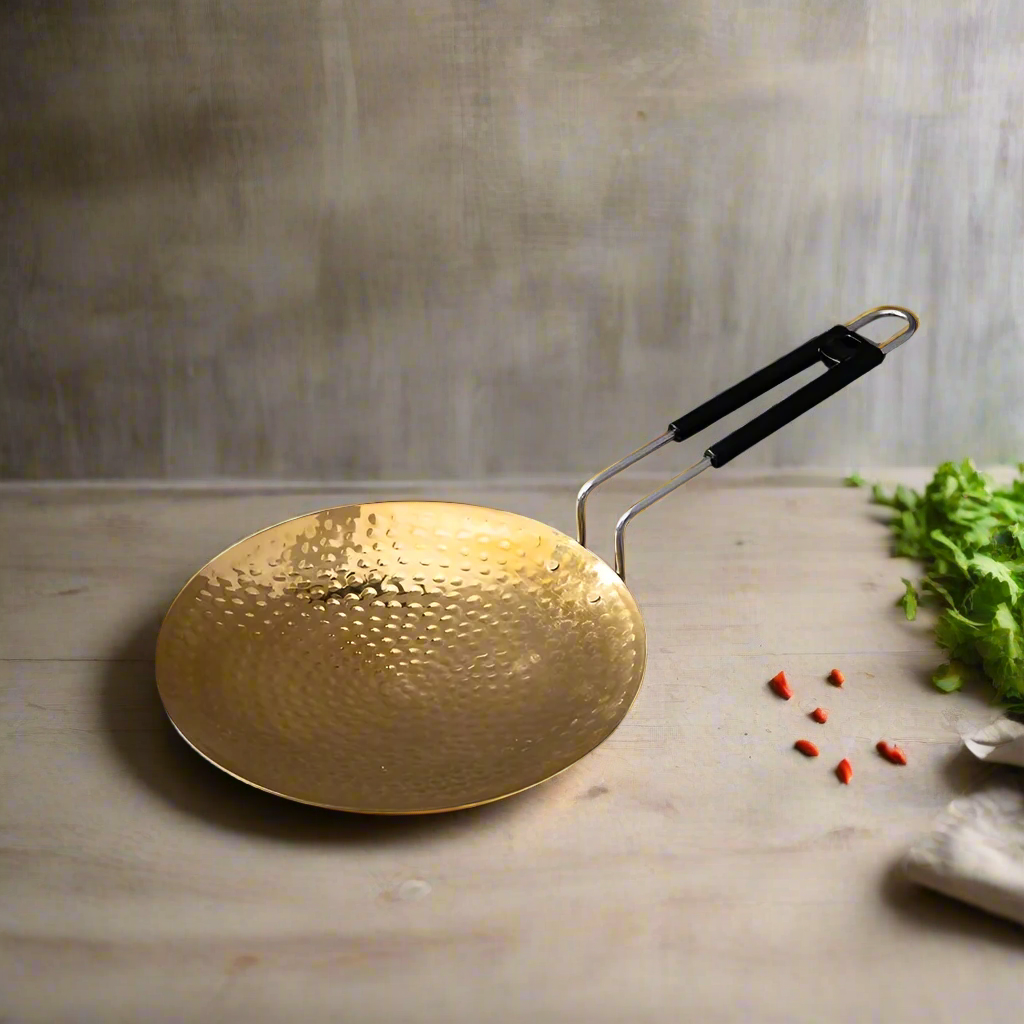 11" Pure Brass Roti/Chapati Tawa with Hammered Finish – Traditional Flatbread Pan | SS Handle | Non-Toxic & Handmade