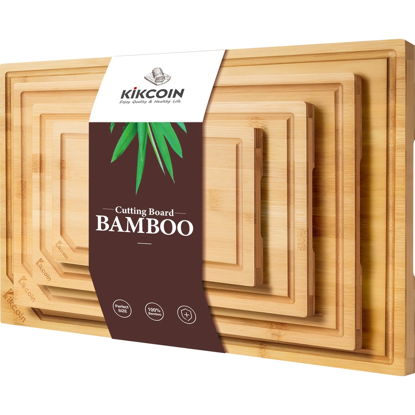 4-piece extra large kitchen bamboo cutting board set, heavy duty cutting board with juice groove, inner handle design.