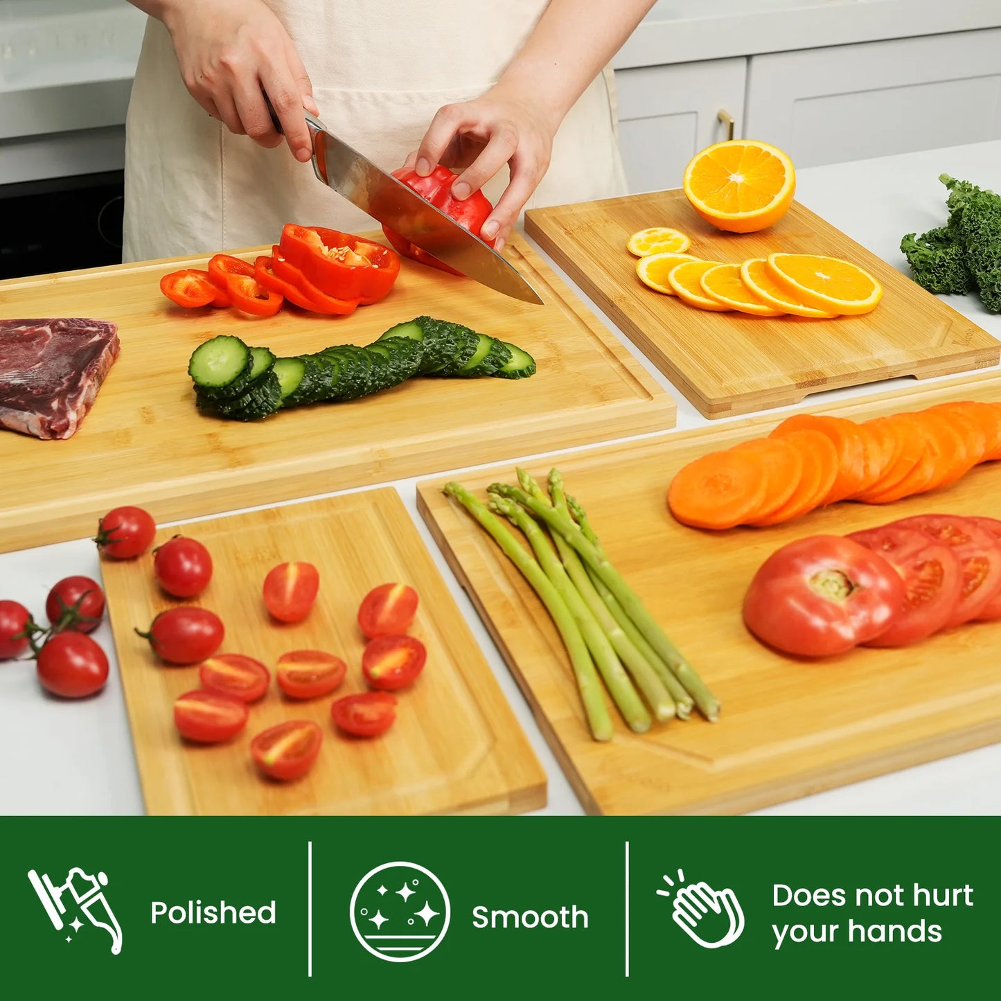 4-piece extra large kitchen bamboo cutting board set, heavy duty cutting board with juice groove, inner handle design.