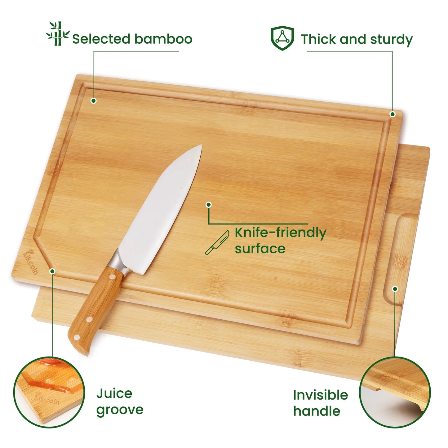 4-piece extra large kitchen bamboo cutting board set, heavy duty cutting board with juice groove, inner handle design.