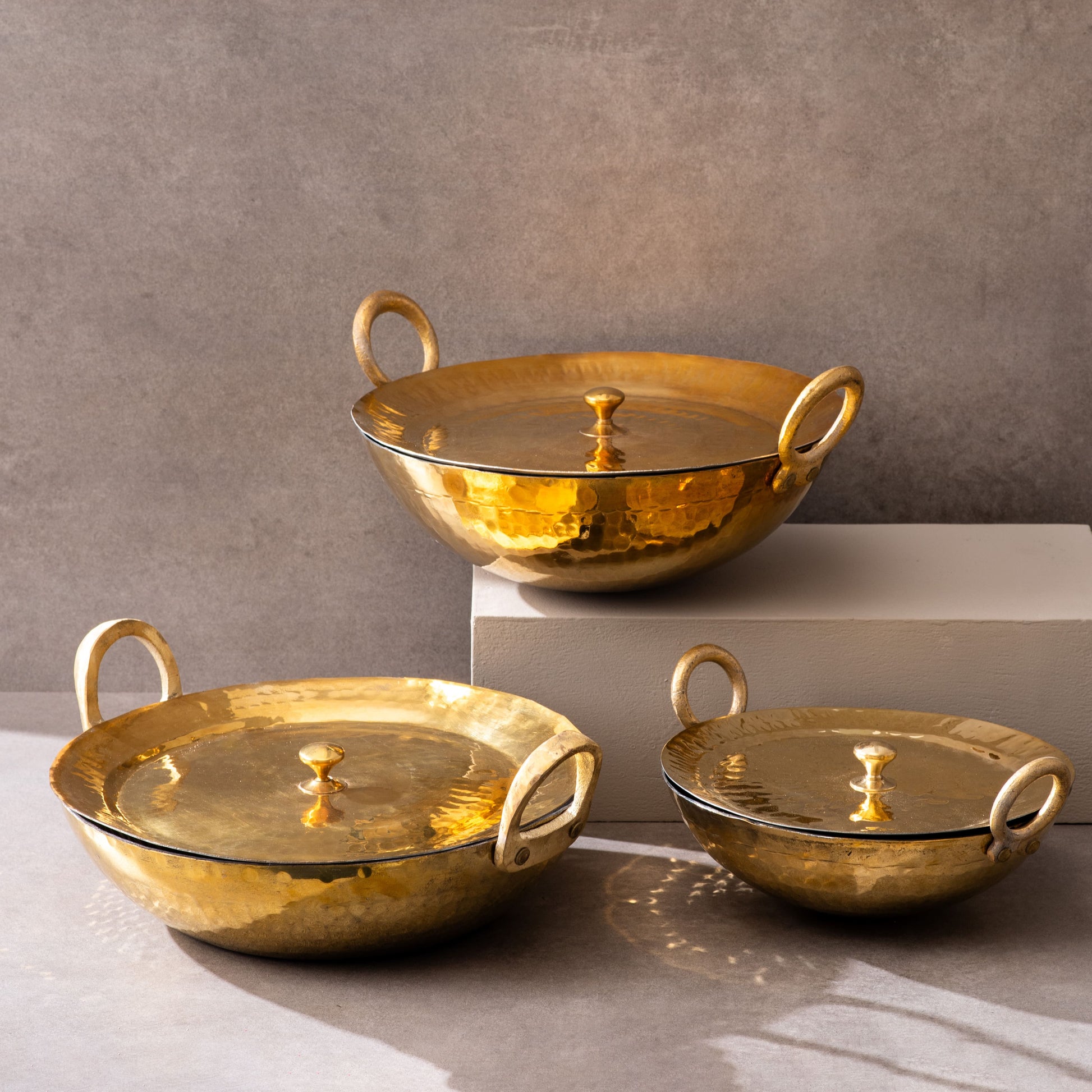 sama homes set of 3 brass kadhais 1l round base 3l round base 3l flat base