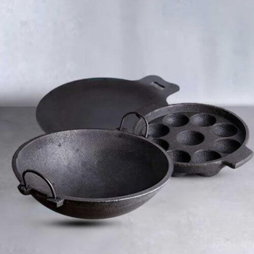 Breakfast Cast Iron Combo Large: Iron Dosa Tawa, Cast Iron Kadai & Paddu-Appe