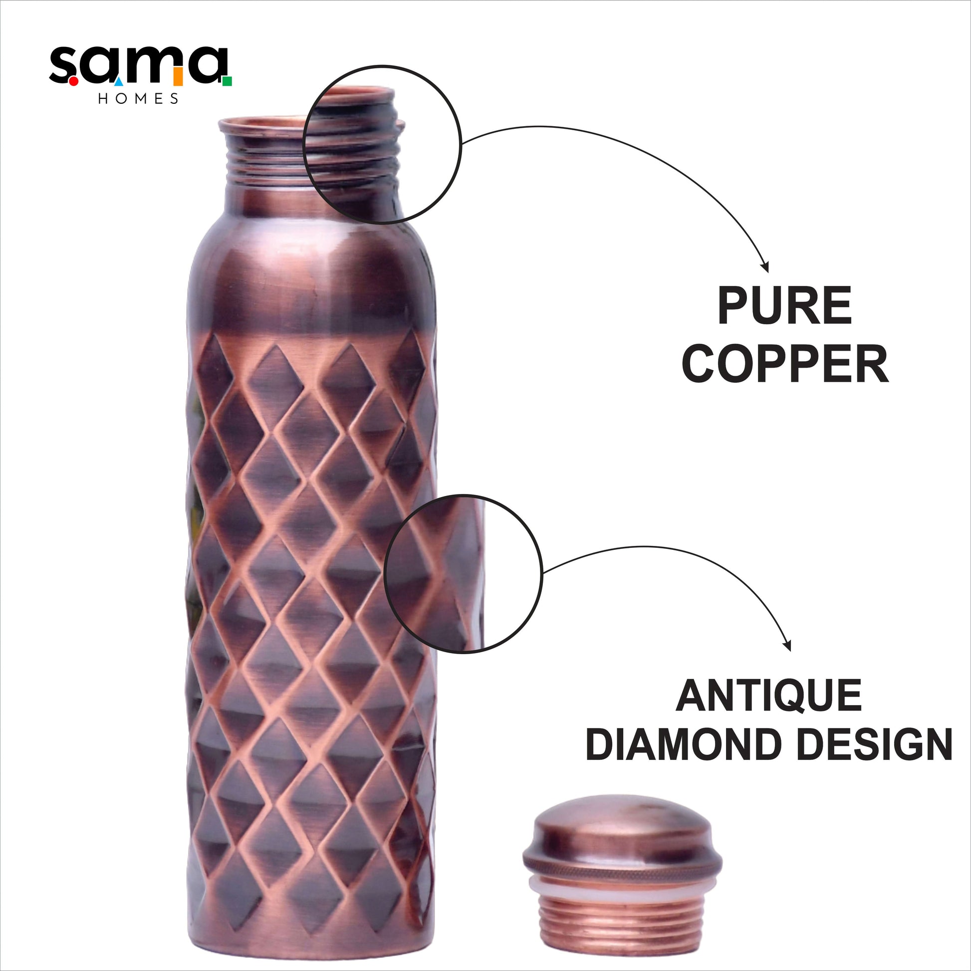 SAMA Homes - pure copper water bottle antique diamond design