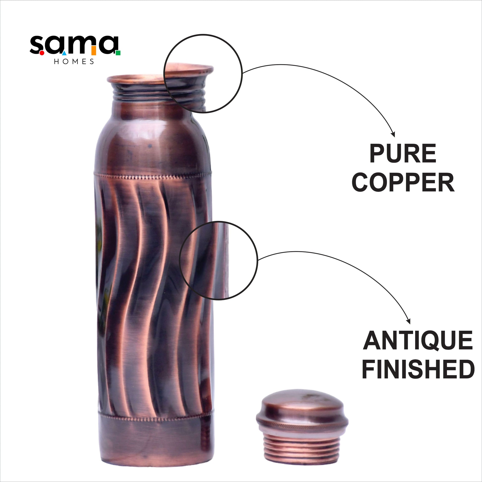 SAMA Homes - pure copper water bottle antique waved design