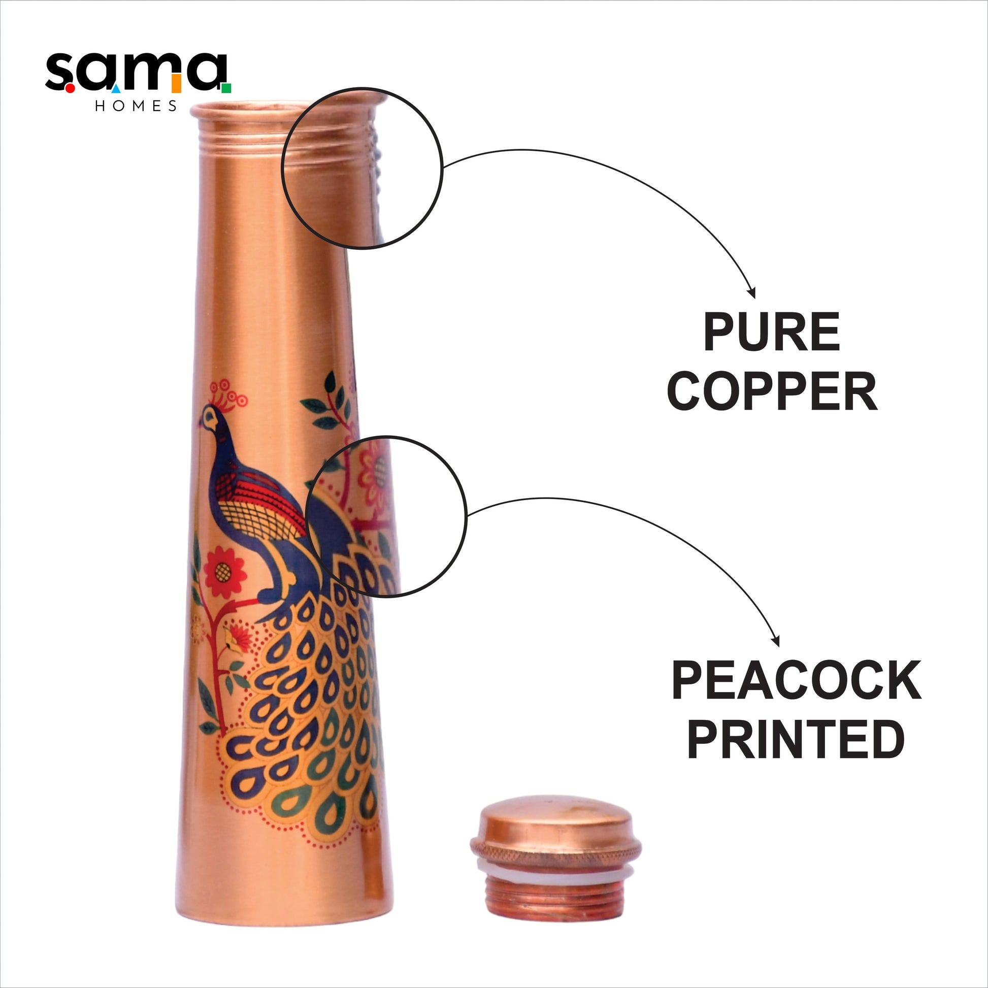SAMA Homes - pure copper water bottle unique peacock printed designed