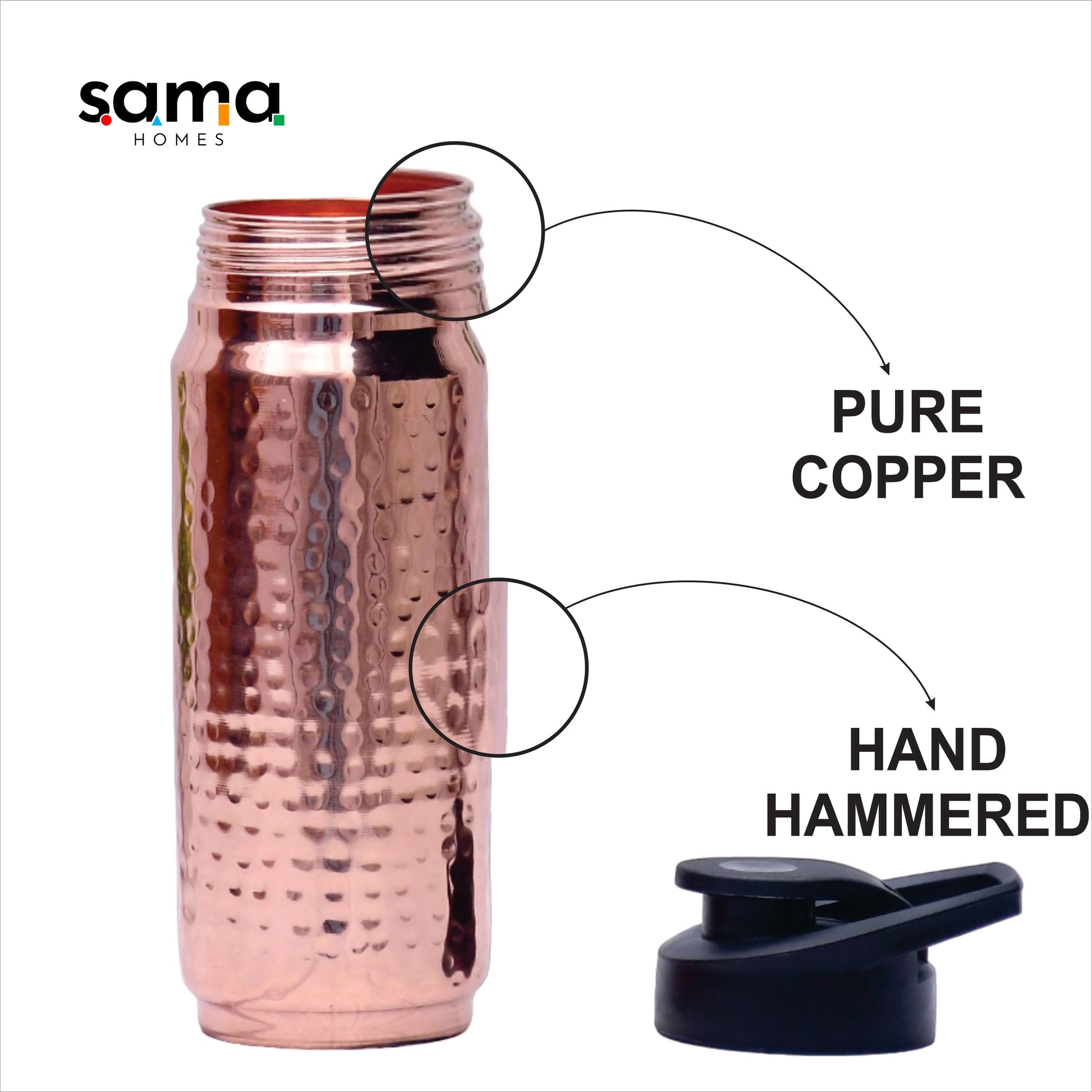 SAMA Homes - pure copper sipper and gym water bottle black cap hammered designed