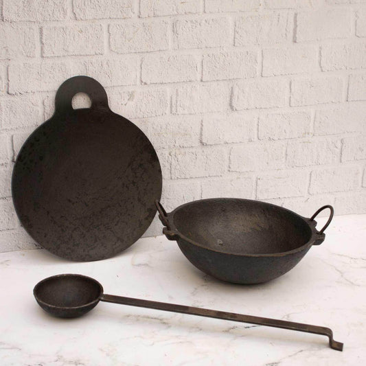 Cast Iron Kadai, Iron Tawa, tadka ladle Combo