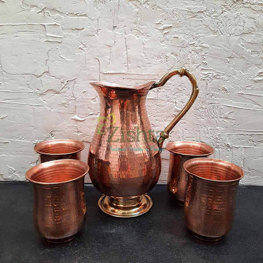 Copper Water Curved Jug: Traditional Design with 4 Glasses