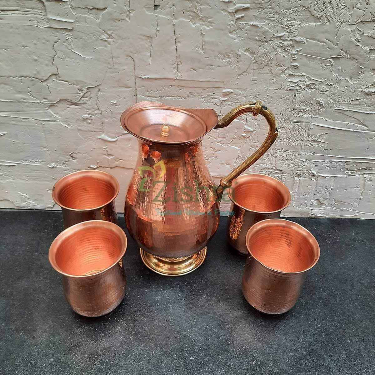 Copper Water Curved Jug: Traditional Design with 4 Glasses