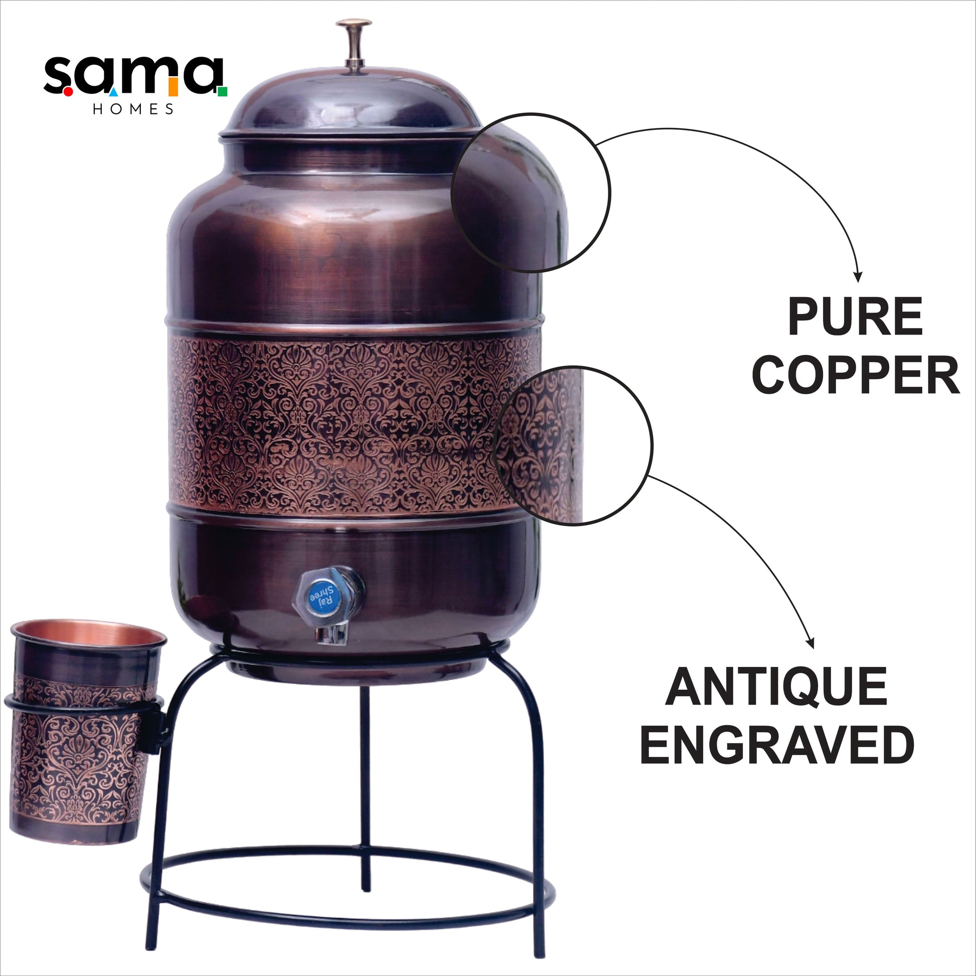 SAMA Homes - pure copper water dispenser with glass and stand antique engraved designed combo capacity 8000 ml