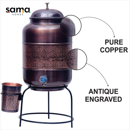 SAMA Homes - pure copper water dispenser with glass and stand antique engraved designed combo capacity 8000 ml