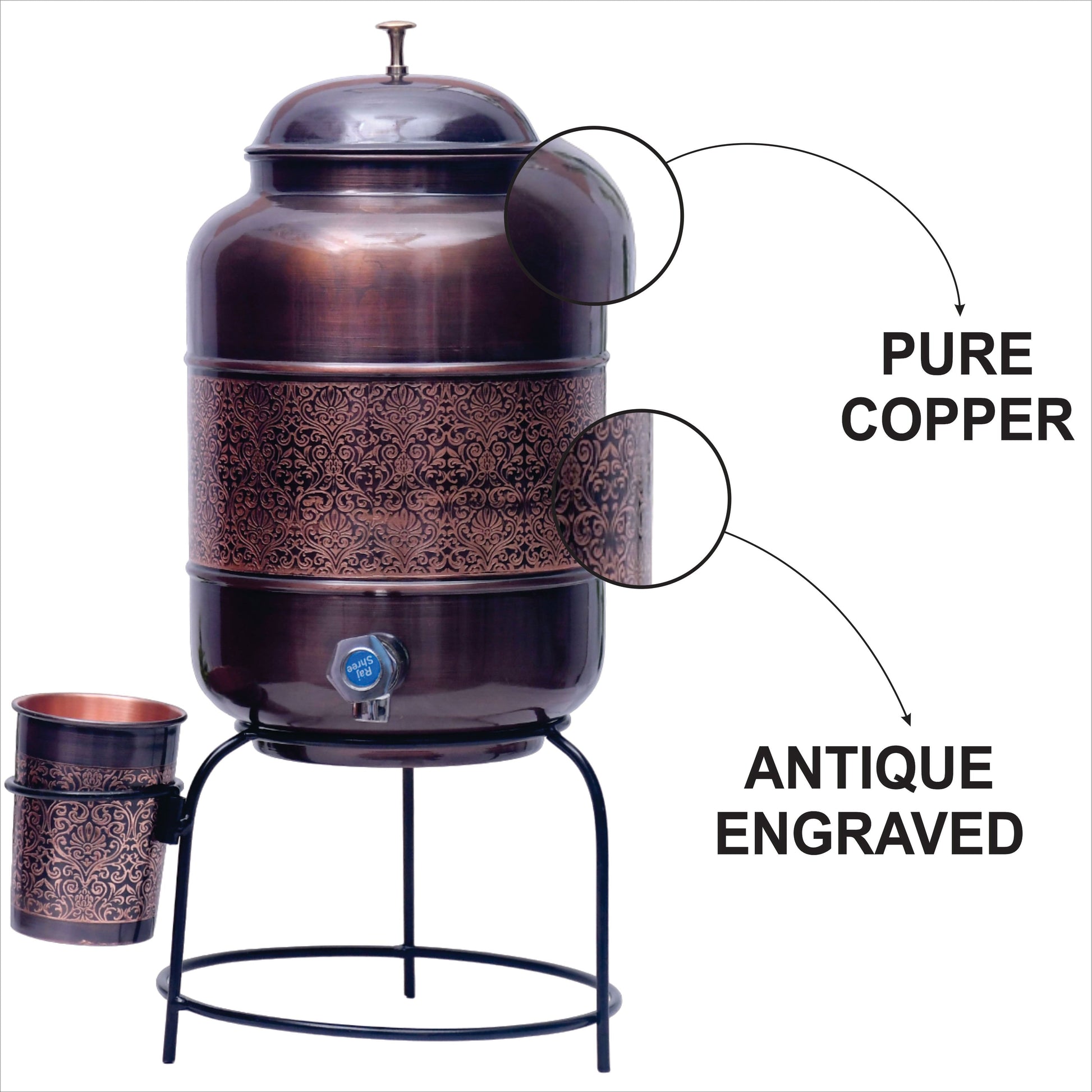 SAMA Homes - pure copper water dispenser with glass and stand antique engraved designed combo capacity 8000 ml