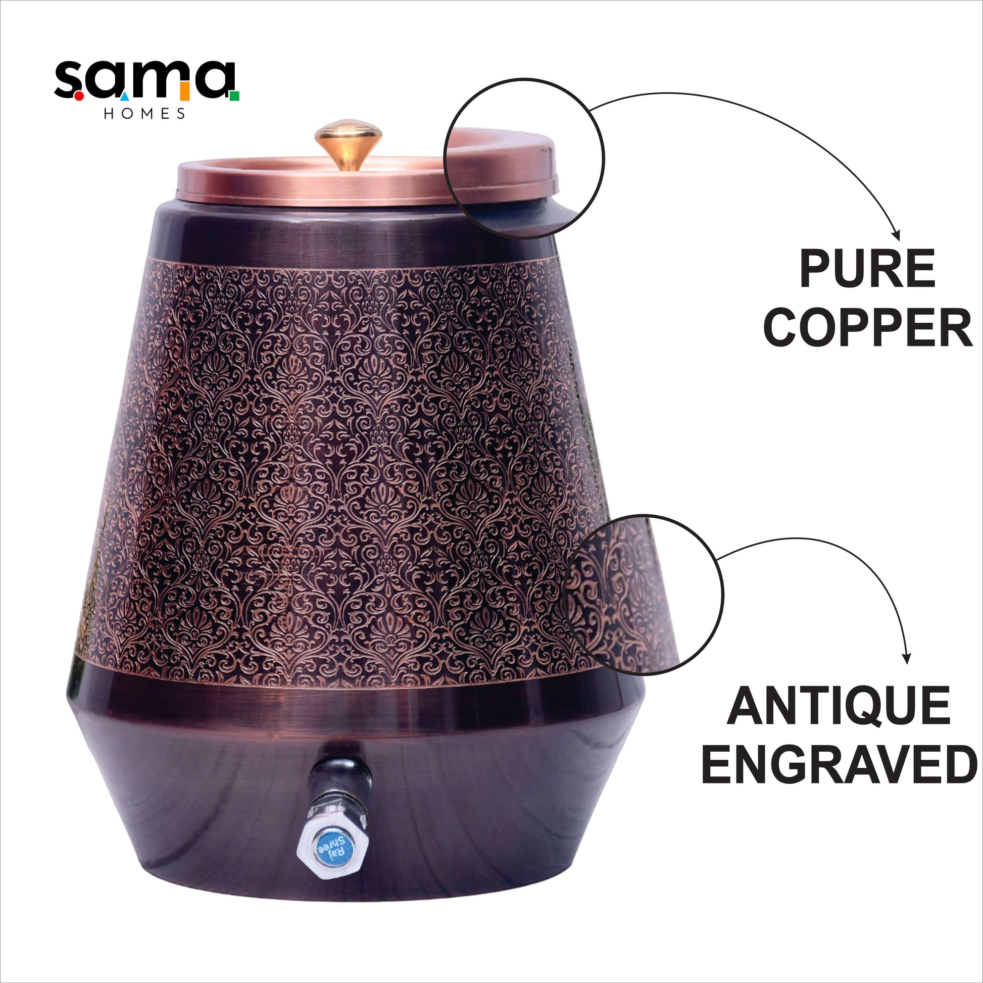 SAMA Homes - pure copper conical antique engraved designed capacity 5000 ml