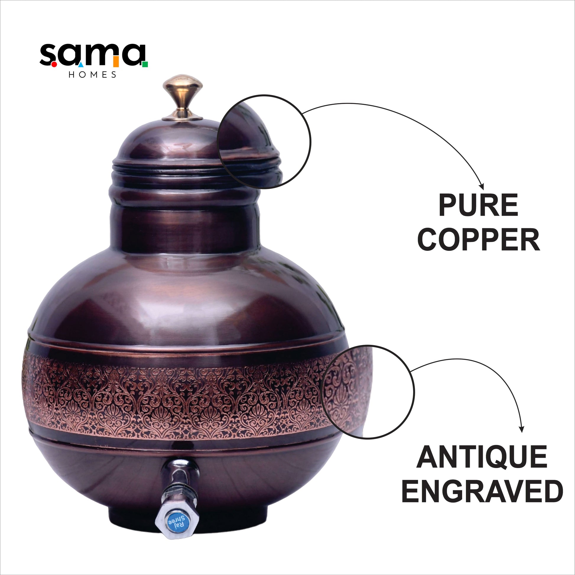 SAMA Homes - pure copper antique engraved ghada pot water dispenser capacity 8000ml