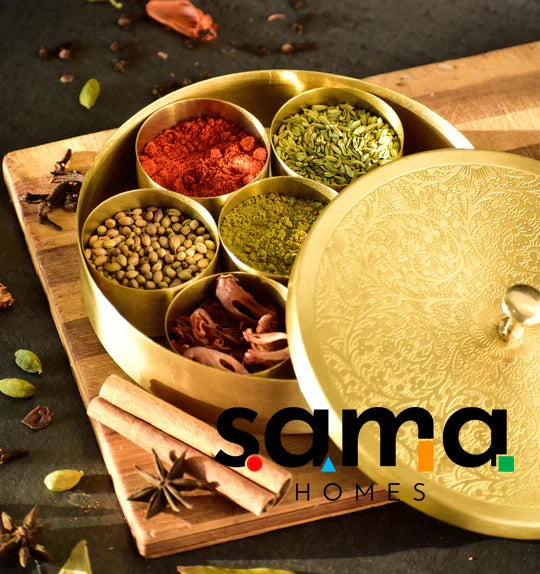 SAMA Homes - handcrafted brass masala box set for kitchen with spoon 7 containers 40 ml 6