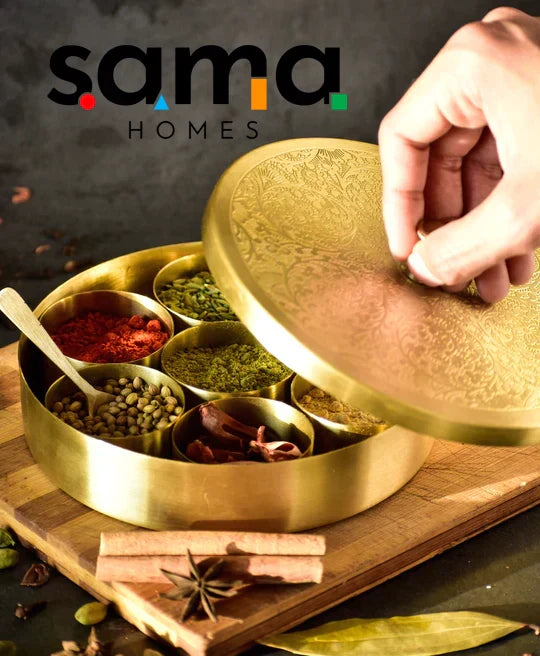 SAMA Homes - handcrafted brass masala box set for kitchen with spoon 7 containers 40 ml 6