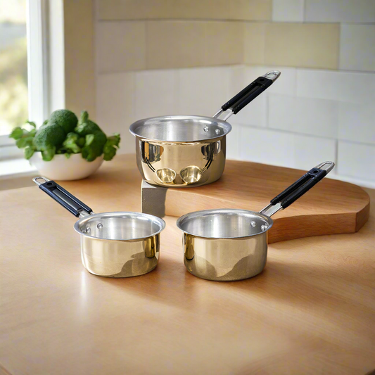 Set of 3 Brass Saucepans (1L, 1.5L, 2L) | Handcrafted Durable Cookware | Eco-Friendly Indian Cooking Pots