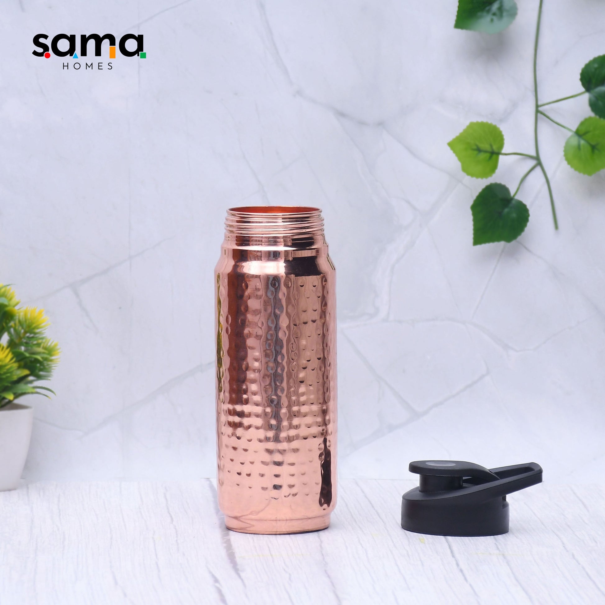 SAMA Homes - pure copper sipper and gym water bottle black cap hammered designed
