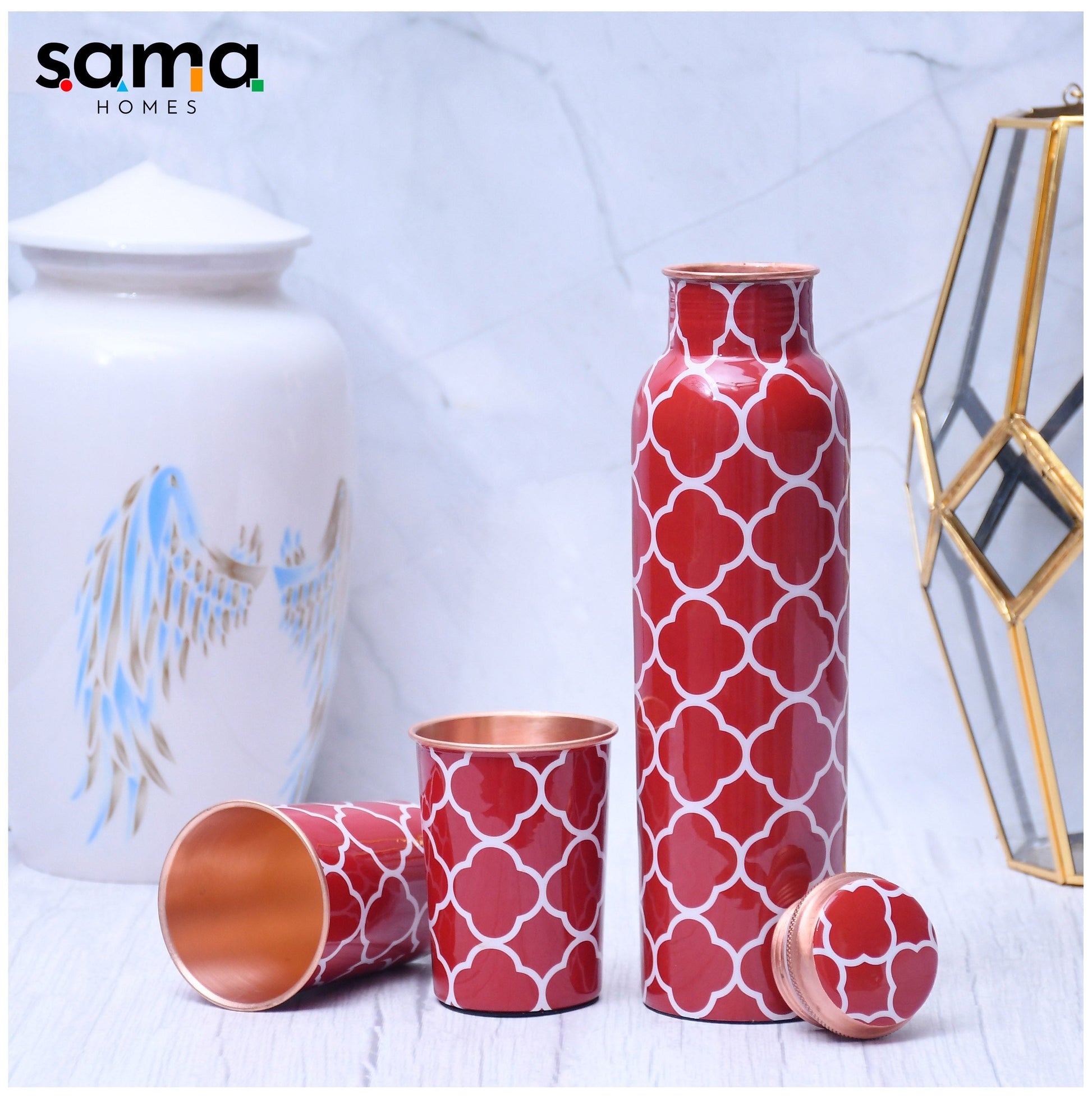 Red Copper Water Bottle with 2 Glasses