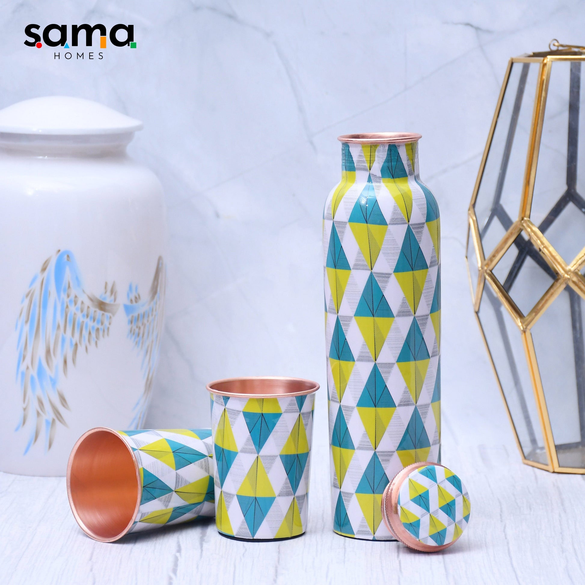 SAMA Homes - spiffy geometric printed copper bottle with 2 glasses tumbler set of 3