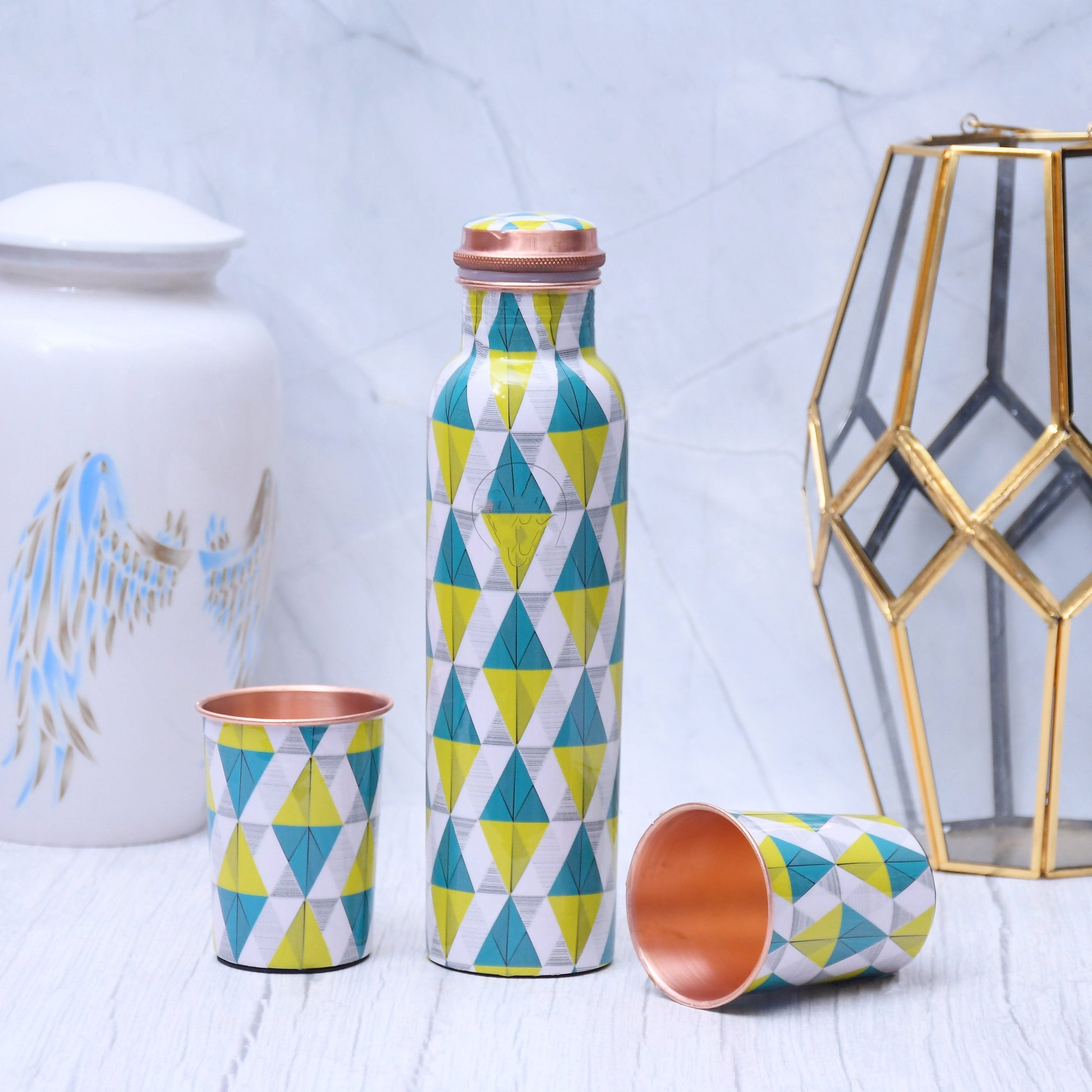 SAMA Homes - spiffy geometric printed copper bottle with 2 glasses tumbler set of 3