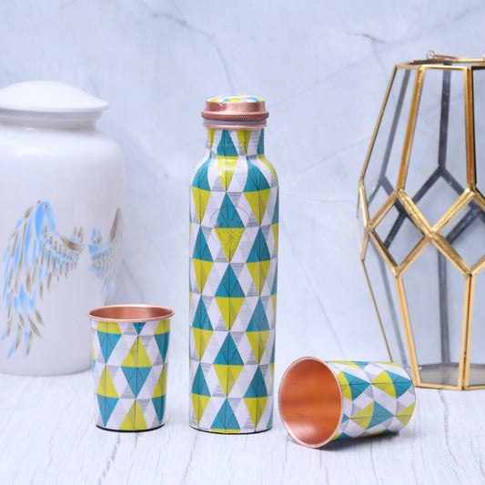 SAMA Homes - spiffy geometric printed copper bottle with 2 glasses tumbler set of 3